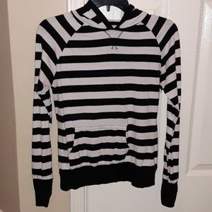 Black and white striped pullover shirt with hoodie